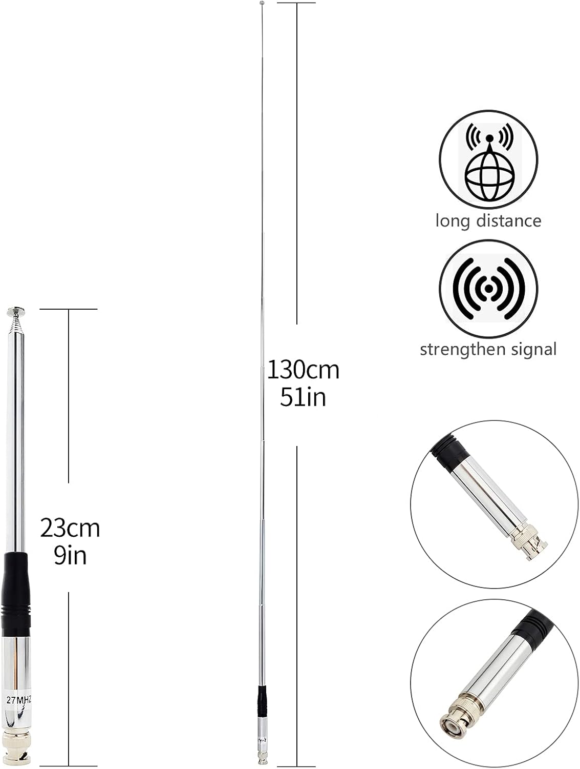 UAYESOK 27MHz HH50WXST HHRT50 C75WXST 75-822 75-785 BC75XLT BC125AT PRO401HH Telescopic CB Antenna BNC Connector