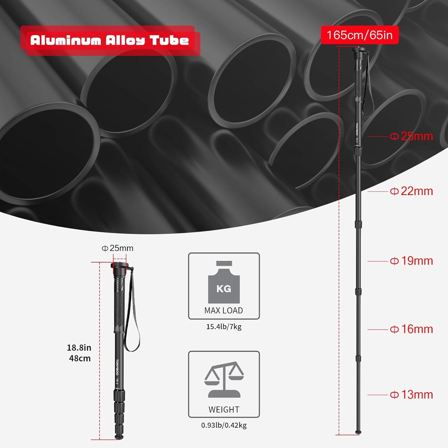 TONYBOO 65 5-Section 40 lbs TE-2 Aluminum Camera Monopod,Lightweight & Portable, Travel Monopod, Max Load