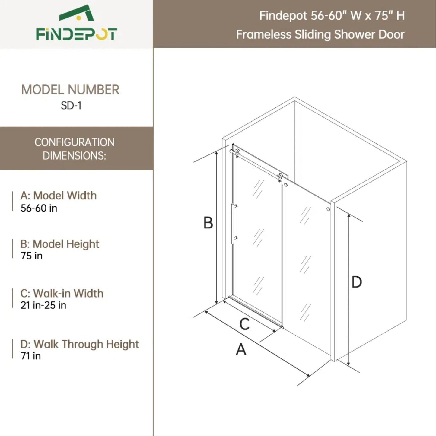 Frameless Sliding Shower Door 56-60 in W x 74 in H, Stainless Steel Frameless Shower Door with 5/16" (8mm) Clear Tempered Glass,Explosion-Proof Film, Silent Soft-Close Design,Matte Black