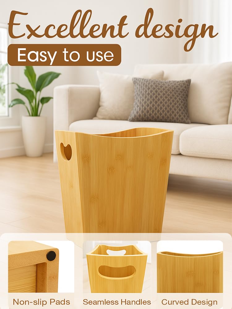 Sholramo Wood Trash Can - Bedroom Trash Can Decorative with Handles - Bamboo Small Wastebaskets for Bathroom - 2 Gallon Rectangular Waste Basket for Office, Living Room, Kitchen Under Counter