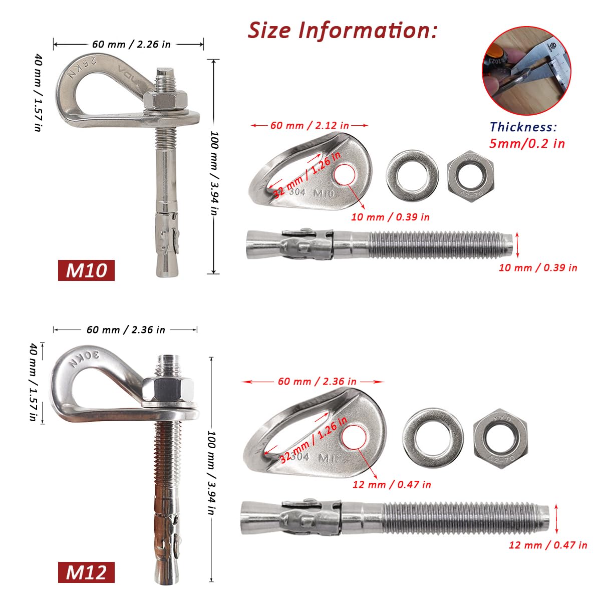 YZTONGPAO 304 Stainless Steel Climbing Anchor Bolt, 25-30KN Rock Climbing Bolt Hanger, M10 and M12 Climb Fastening Bolt Safe Fixed Point, 4 Set Rock Climbing Holds