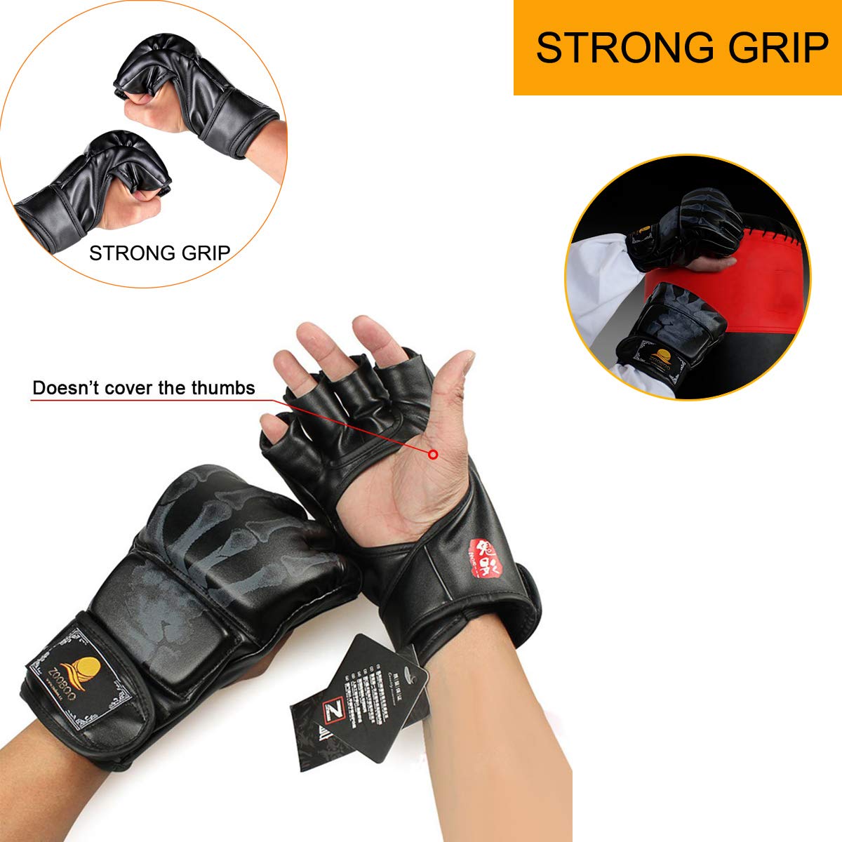 ZooBoo MMA Gloves, Half-Finger Boxing Fight Gloves MMA Mitts with Adjustable Wrist Band UFC Gloves for Sanda Sparring Punching Bag Training (One Size Fits Most)
