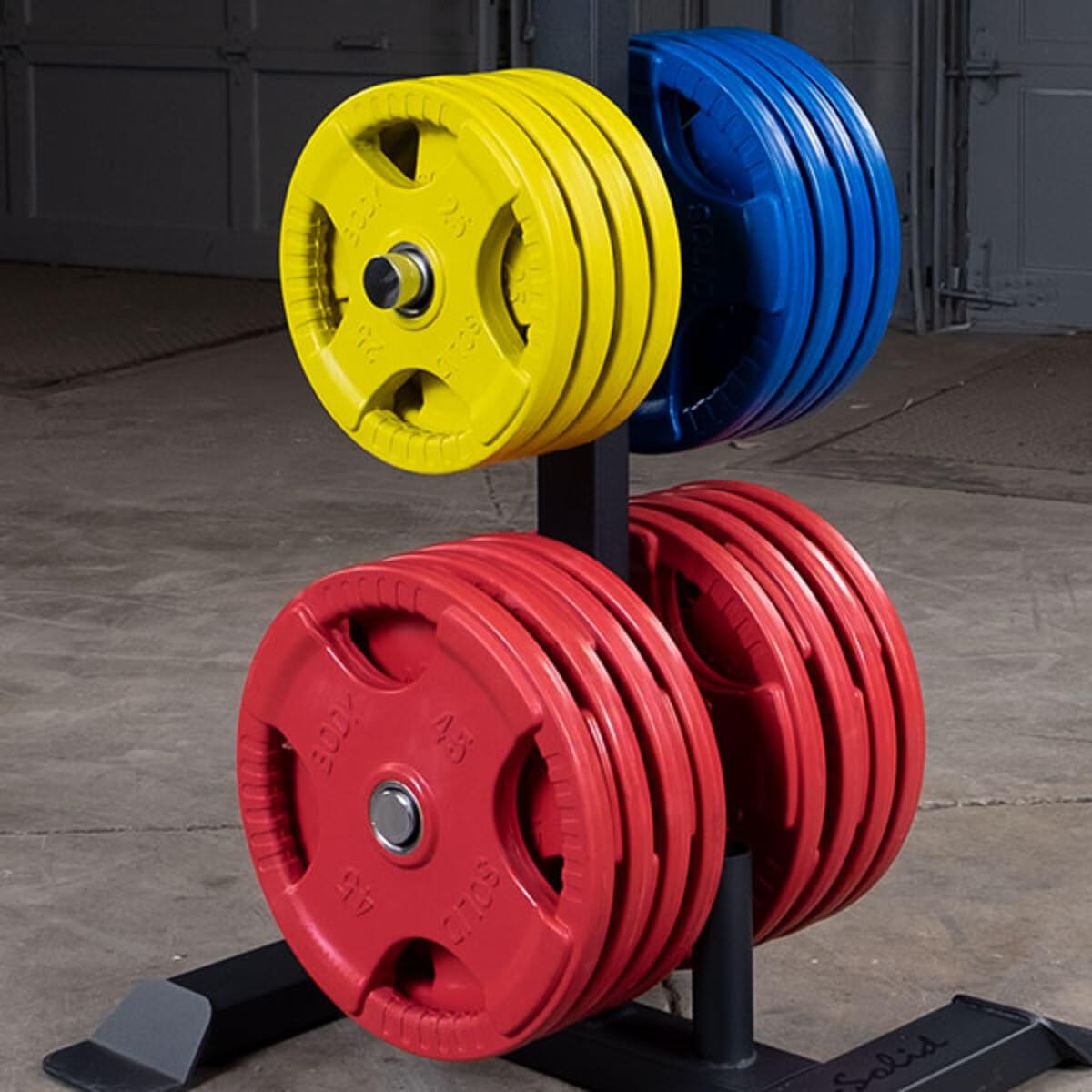 Body-Solid Quad Grip Design Rubber Plate - Olympic Weight Plates with Rubber Coating for Weight Lifting and Strength Training, 25lbs