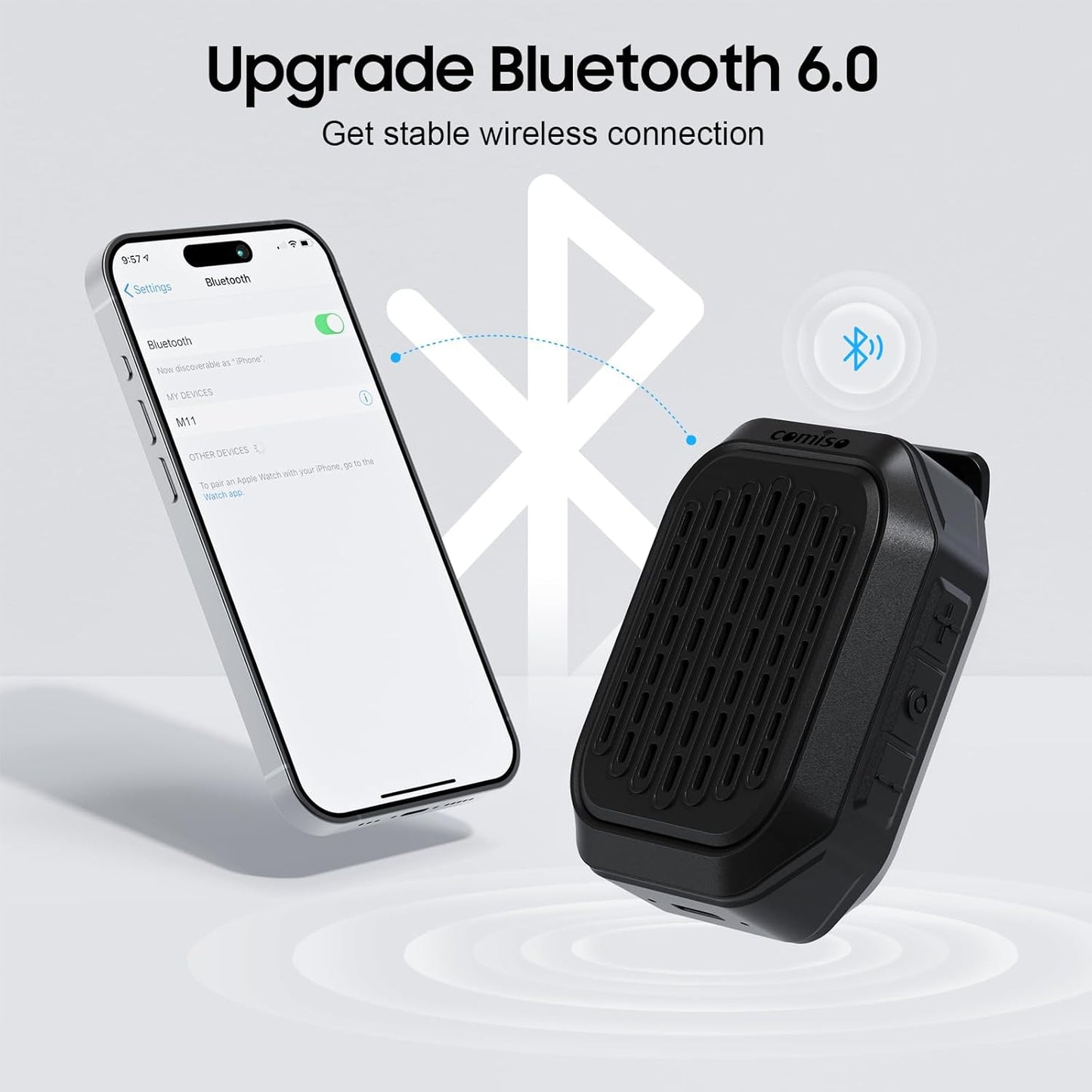 comiso IPX7 10H Wearable Bluetooth Speaker, Waterproof, Clip-On Portable Wireless Speaker, Playtime, Built-in Mic
