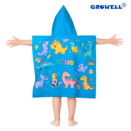 growell Hooded Kids Beach Towels - Toddler Bath Towel Girls Boys Swim Cover-ups for Ages 1 to 6 Kids Pool Towels Quick Dry Lightweight Soft Microfiber Poncho Towel 24x23 (Dinosaur Sky Blue)
