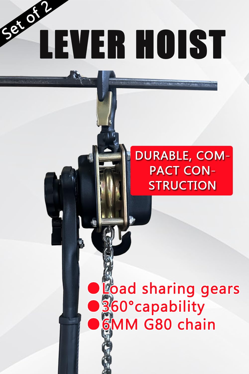 Lever Chain Hoist 2200LBS 5FT 2 Units Set 1T 1,5M Lever Chain Hoist 1 ton Commercial Portable Hooks for Building Garages Warehouse Automotive Machinery【1T/1.5m*2units】