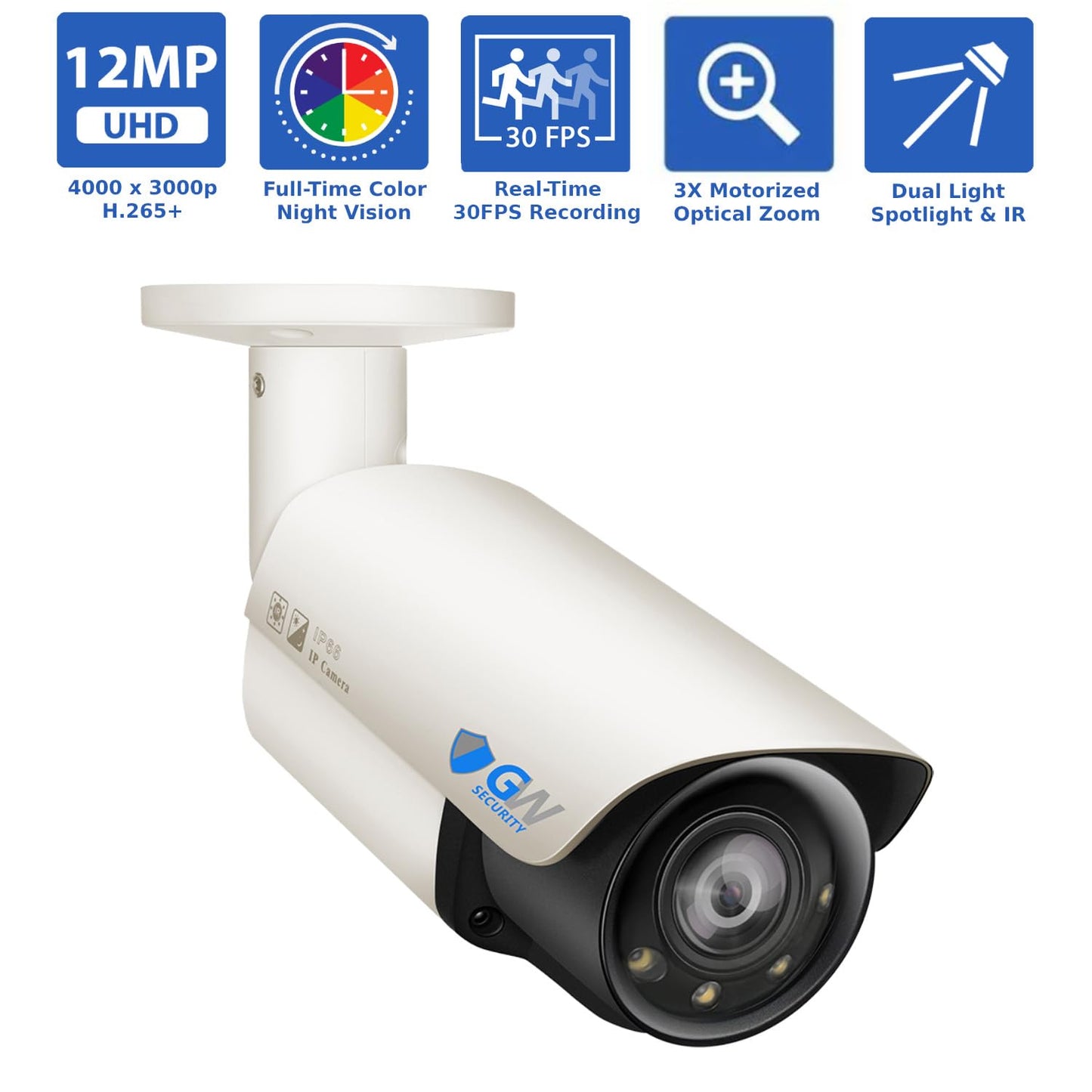 GW Security 16 Channel UltraHD 12MP 4K @ 30FPS Realtime 3X Motorized Zoom PoE Security Camera System with 8 x 12MP Face Recognition Full-Time Color Night Vision Outdoor/Indoor Smart AI Bullet Cameras