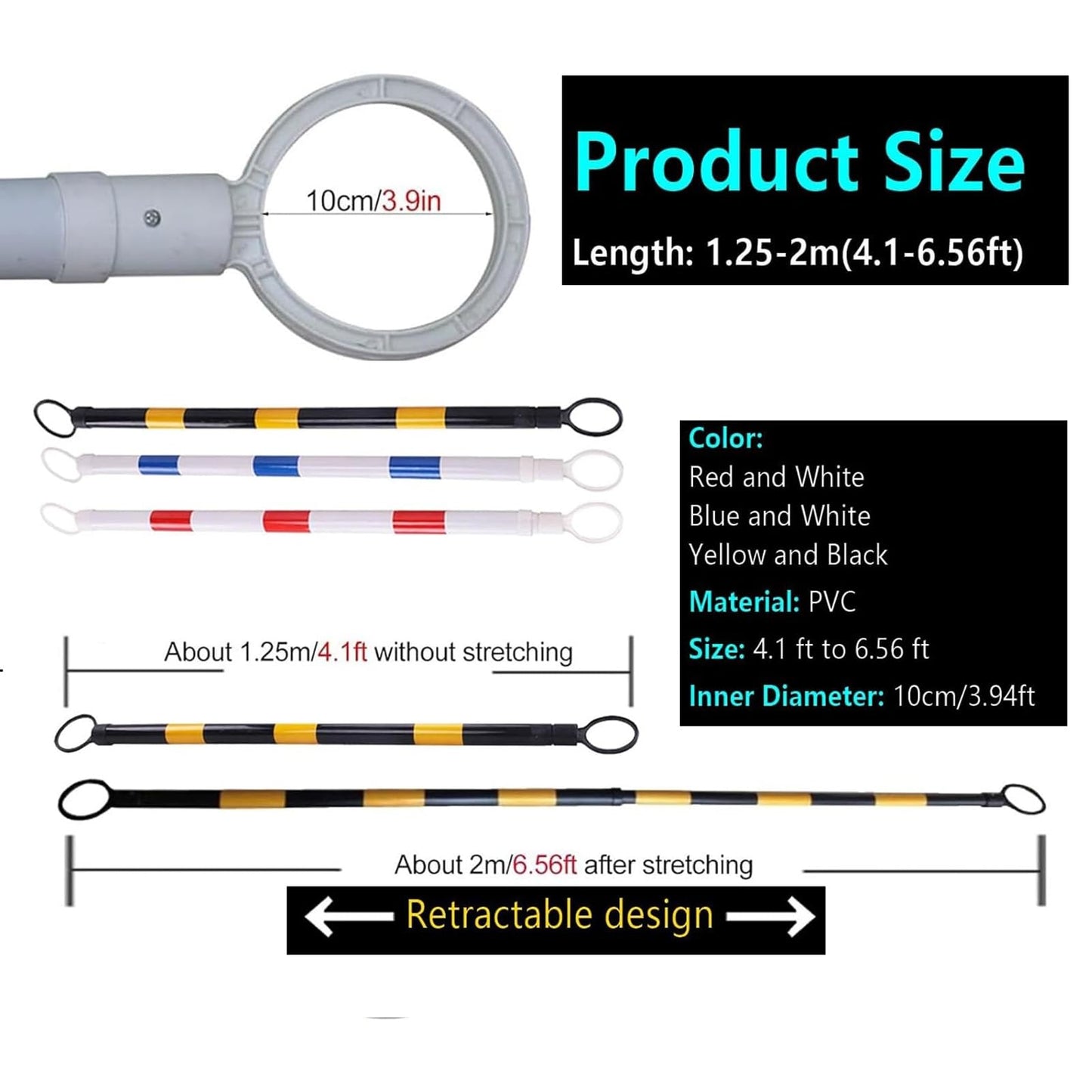Heavy Duty Reflective Traffic Cone Bar, Expandable 4.5ft-8ft Adjustable Safety Barrier, Durable PVC with Red Tape, Ideal for Road Safety, Construction, and Events (6PCS)