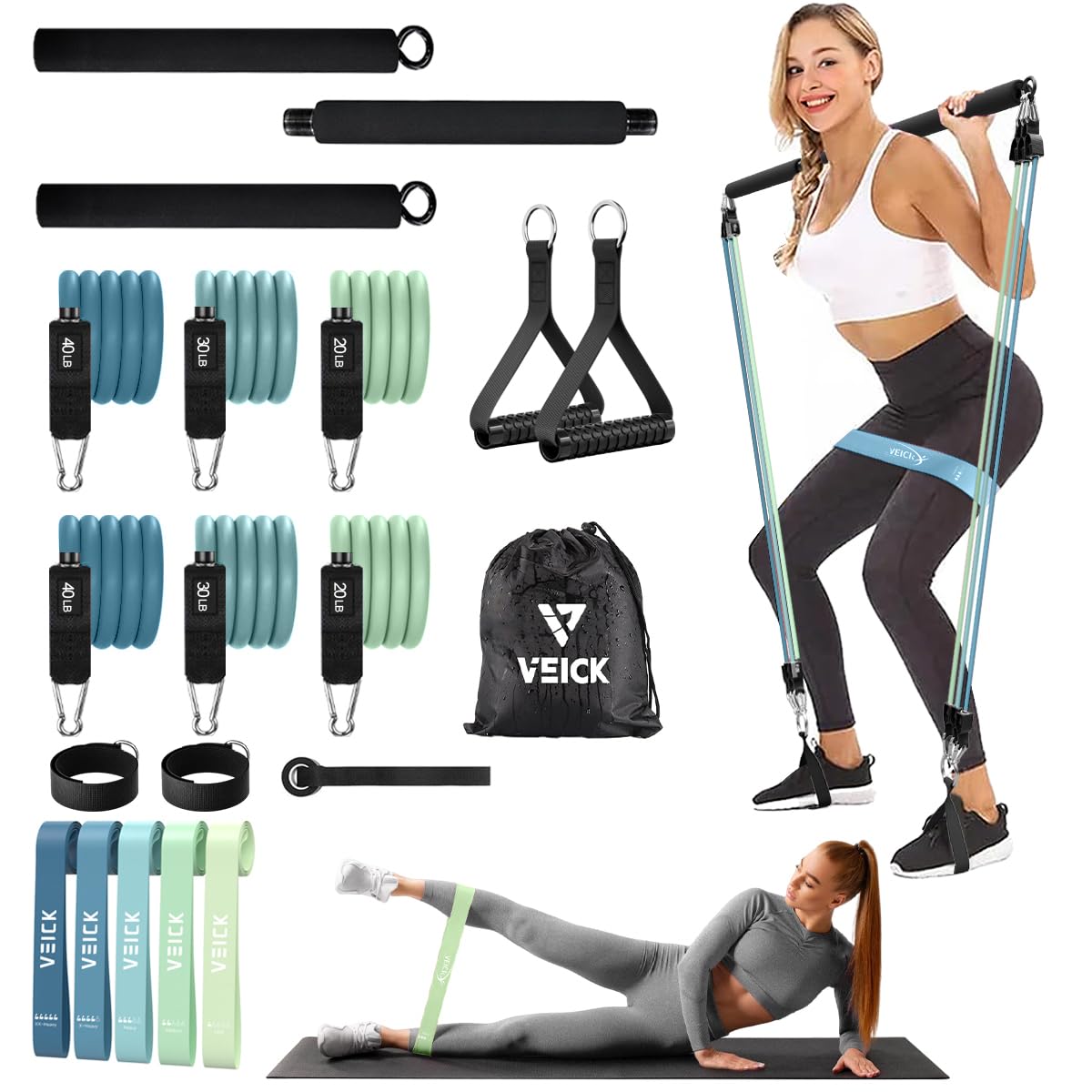 VEICK Pilates Bar Kit with Resistance Bands, Elastic Workout Bands for Men and Women, Set of 5 Resistance Loop Bands for Home Fitness, Stretching, Strength Training, Physical Therap, Blue