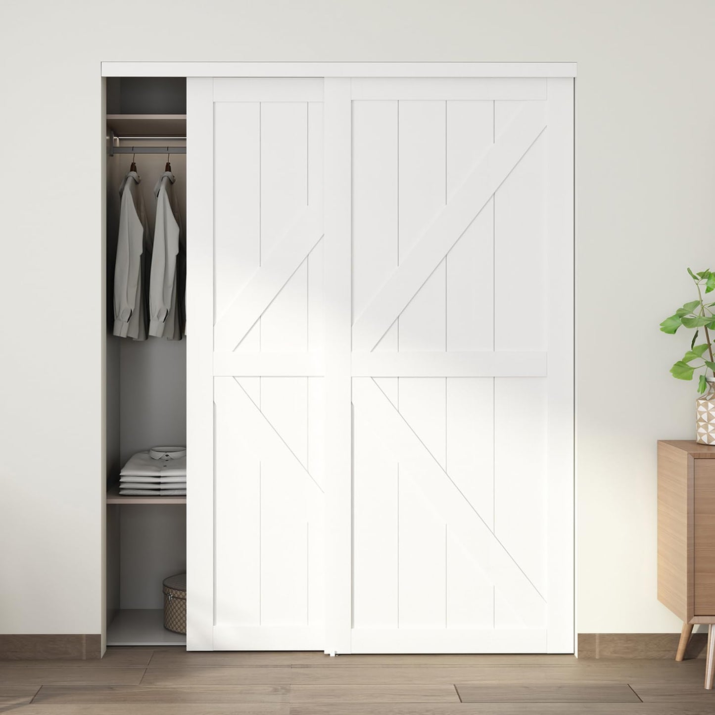 JUBEST 72"(Double 37") x80 Sliding Closet Door, K Style Bypass Closet Door with Hardware Kit & Matching Fascia, Preassembled Solid Wood Slab with Water-Proof PVC Surface, Easy to Install, White
