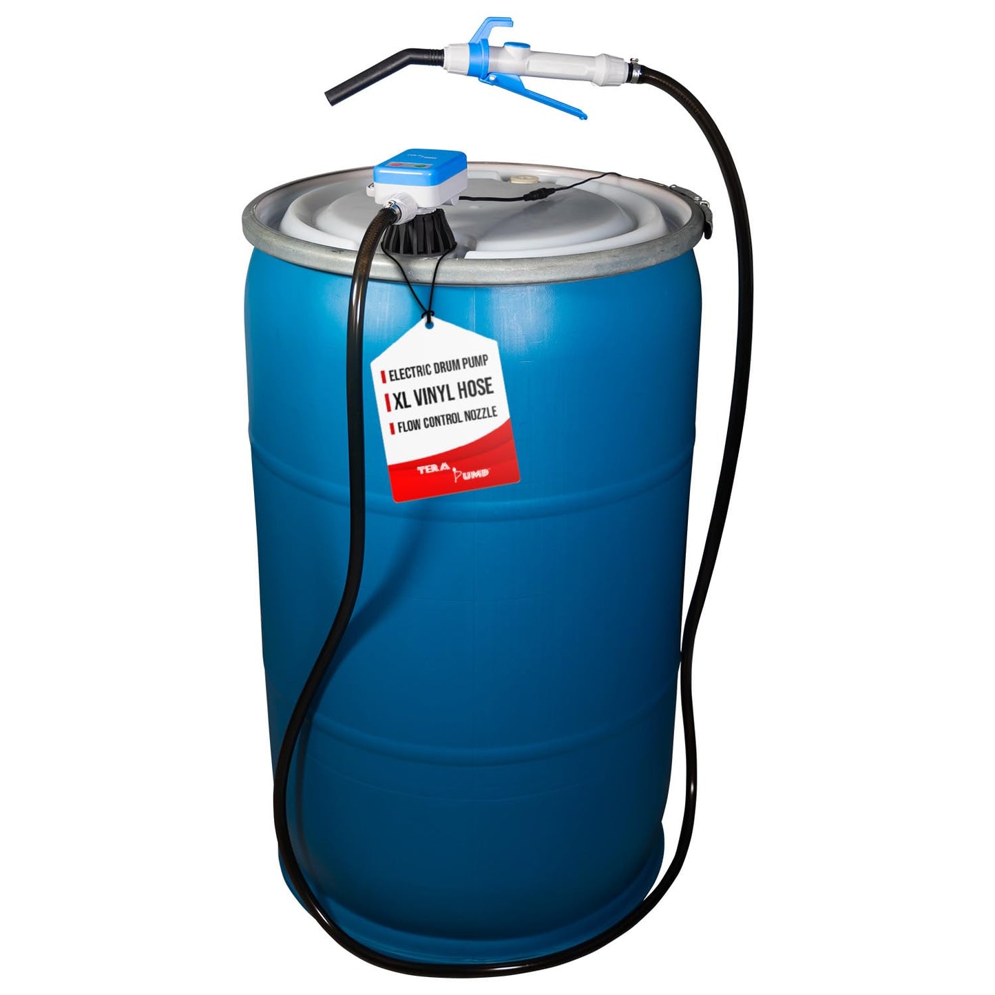 TERA PUMP - Large Automatic Electric Powered DEF Drum Pump with Flow Control Handle Nozzle for DEF, Antifreeze, Washer Fluid - 2.4 GPM Transfer Rate w/ 9.8ft Vinyl Hose and Screw On Bung Adapter