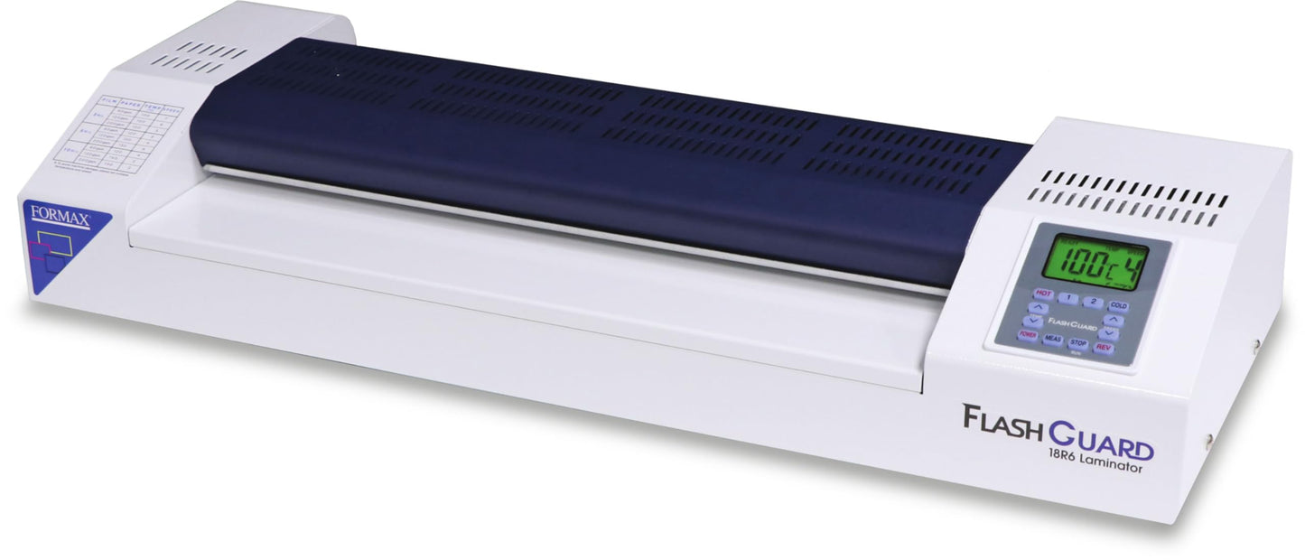 Formax FlashGuard 18R6 Laminator; 1500W; 110-120V, 50/60Hz; 15A; 18" Infeed; Heavy-Duty 6 Roller System; All-Metal Construction; Graphics-Based LCD Screen; Variable Temperature and Speed