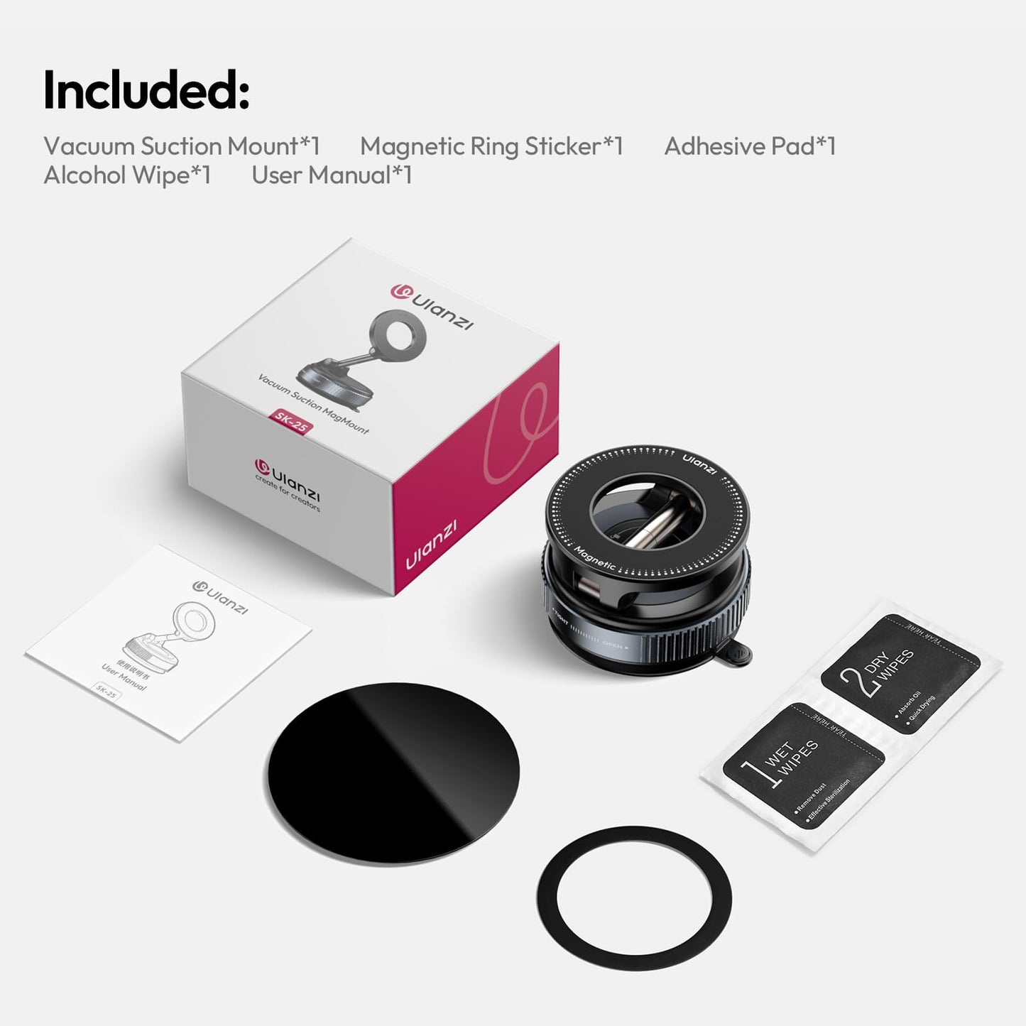 ULANZI Vacuum Suction Cup Phone Mount, 360° Rotatable Magnetic Phone Holder with Adhesive Pad, ≥14N Magnet for Car Kitchen Gym, Car Truck Accessories for iPhone 17 16 Vehicle Mounts
