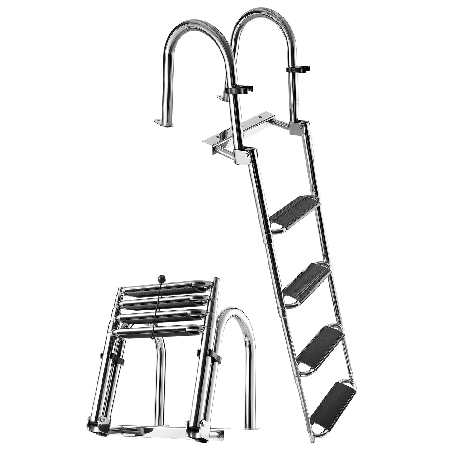 VEVOR Boat Ladder, 4 Steps Stainless Steel Telescoping Folding Swim Deck Ladder for Rear Entry Inboard, 600lbs Capacity with 4.1'' Extra Wide Steps & Handrails, for Outboards, Yacht, Pontoon Boat