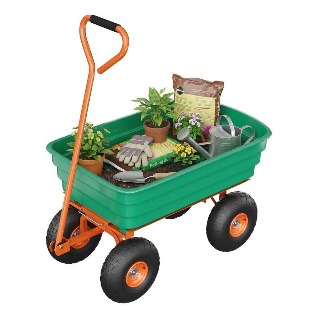 GlowSol Heavy Duty Garden Dump Cart - 1200 lbs Capacity Utility Wagon, 7 Cubic Feet - 180° Adjustable Handle, 13" All-Terrain Tires, Quick Release - Perfect for Yard, Lawn, Landscaping