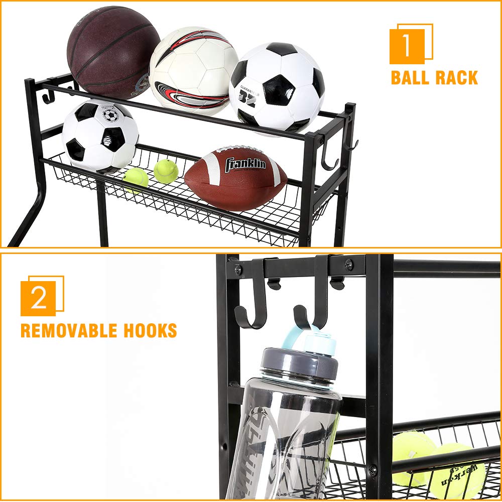 Snail Garage Storage System Sports Equipment Organizer with Baskets and Hooks, Sports Gear and Ball Storage Rack with Wheels for Garages, Playgroup, Gym and Schools, Powder Coated Steel, Black