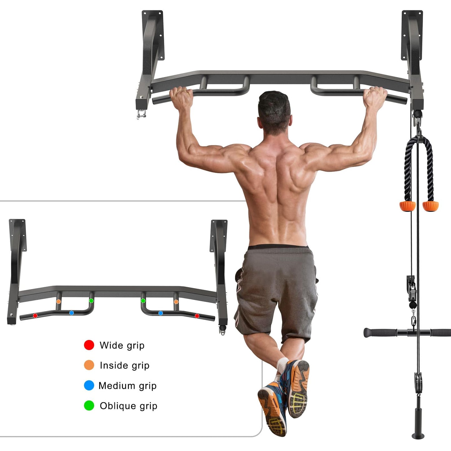 Kipika 48" Ceiling Mounted Pull Up Bar, Heavy Duty Multi-Grip Chin Up Bar,Mounted Pullup Bar, Adjustable Height, Pull Up Bands for Chin Ups & Body Stretching, Ideal for Home Gym and Strength Training (48" Cable Pulley System)