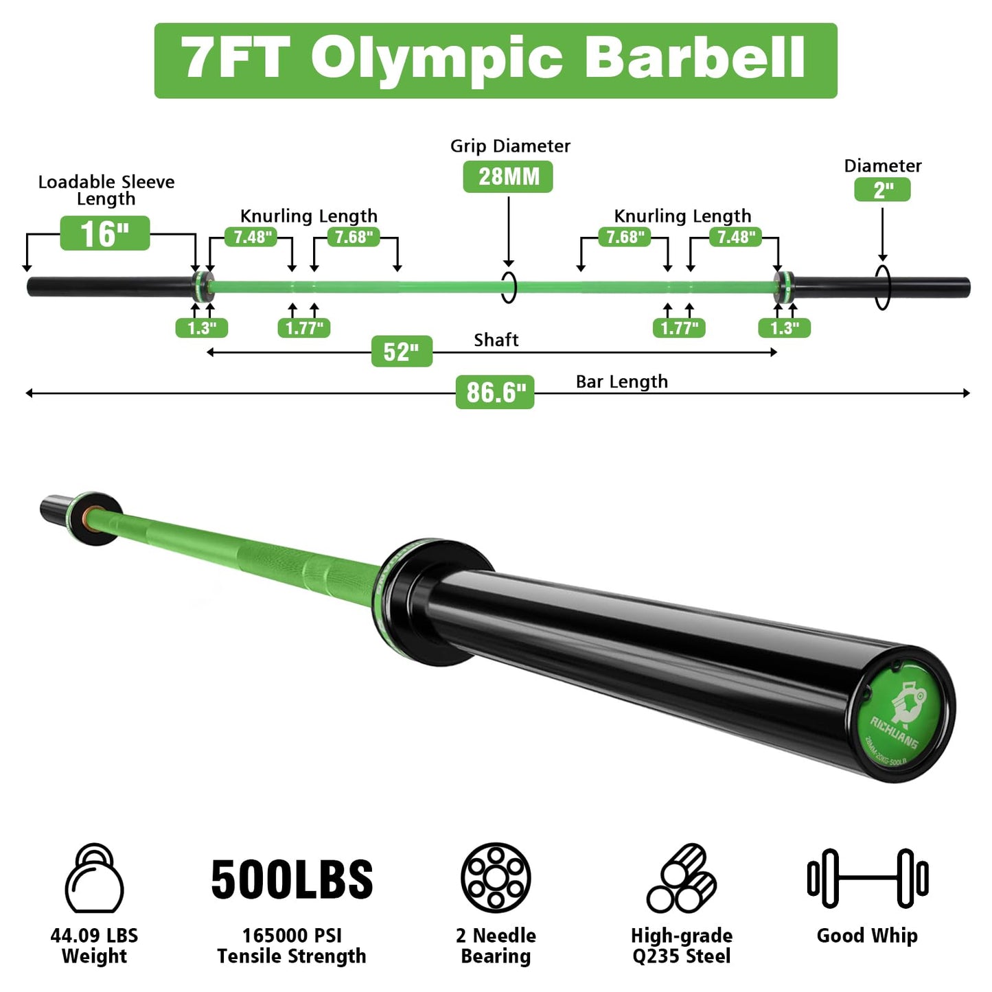 RICHUANG 7ft Olympic Barbell Weight Bar for Weightlifting,Powerlifting,CrossFit Training,500 lbs Max Load Capacity,Q235 Steel,2 Inch Olympic Strength Training Bar for Home Gym,Exercises Fitness Equipment 500LBS-Green
