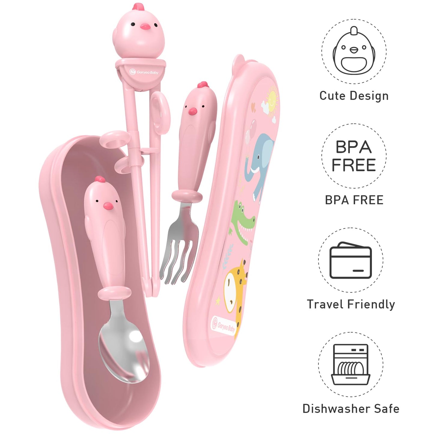 Goryeo Baby Toddler Utensils Stainless Steel Kids Silverware Set with Kids Training Chopsticks and Baby Spoon and Fork for Self Feeding Learning with Case (3PCS)(Pink)