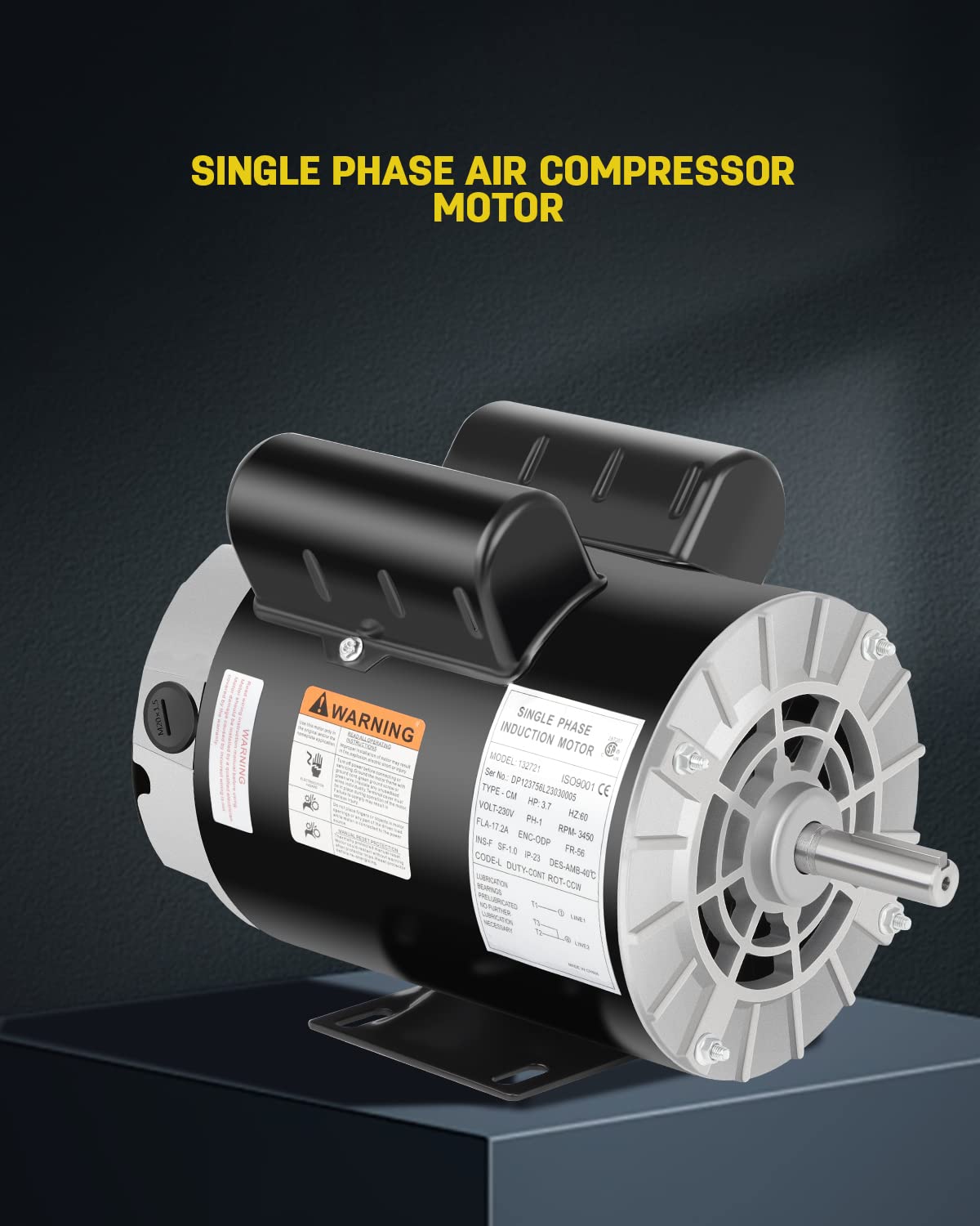 3.7 HP Air Compressor Motor, 3450 RPM Electric Motor, 230V 17.2A Single Phase Motor, 56 Frame 5/8" Keyed Shaft, Commercial-Duty CCW Rotation, 1.88" Shaft Length for Air Compressors