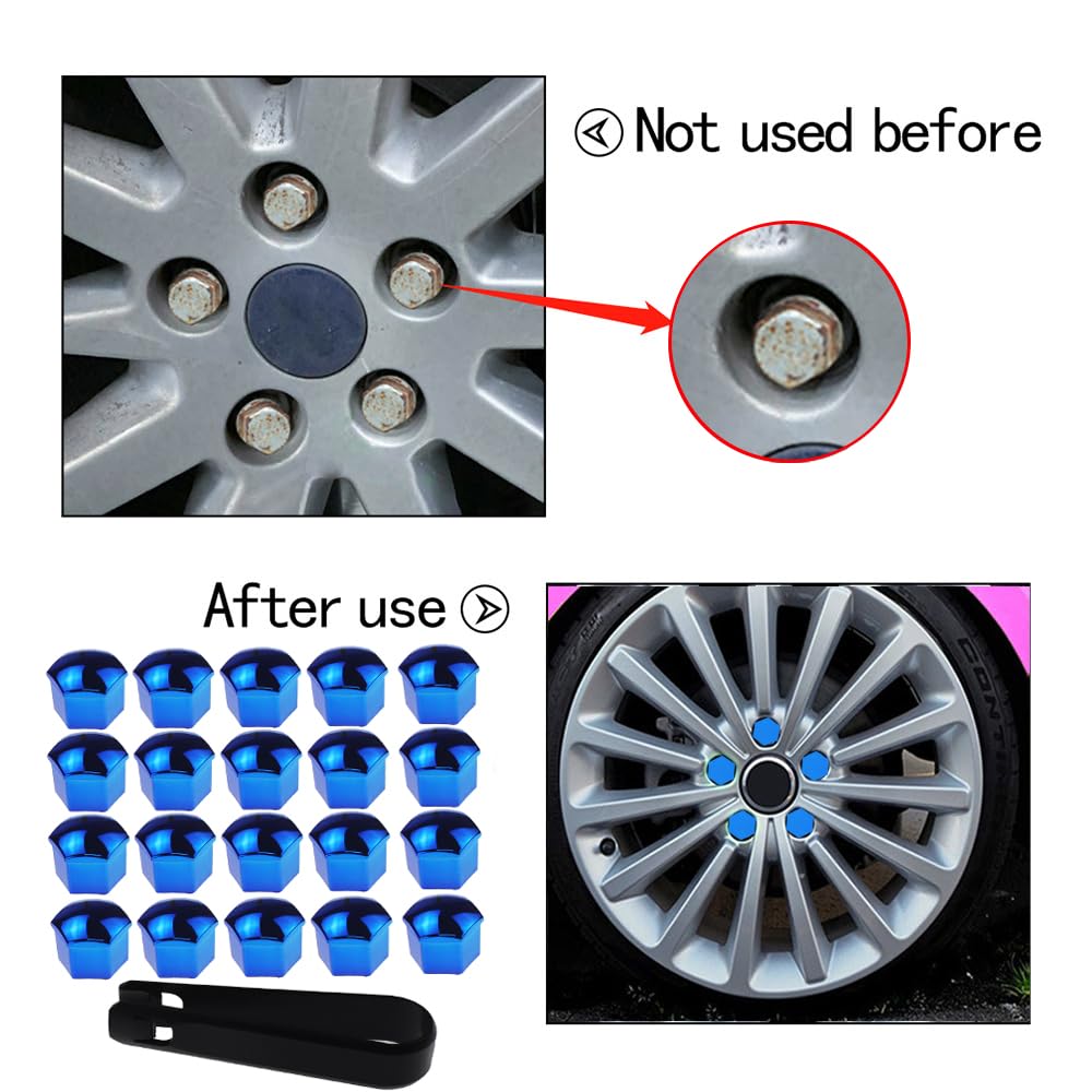 Nihfien 20 Pcs Wheel Lug Nut Covers, 17mm Universal Anti-Rust Car Tire Nut Caps, Hexagonal Plastic Tire Bolt Caps with Removal Tool (Blue)