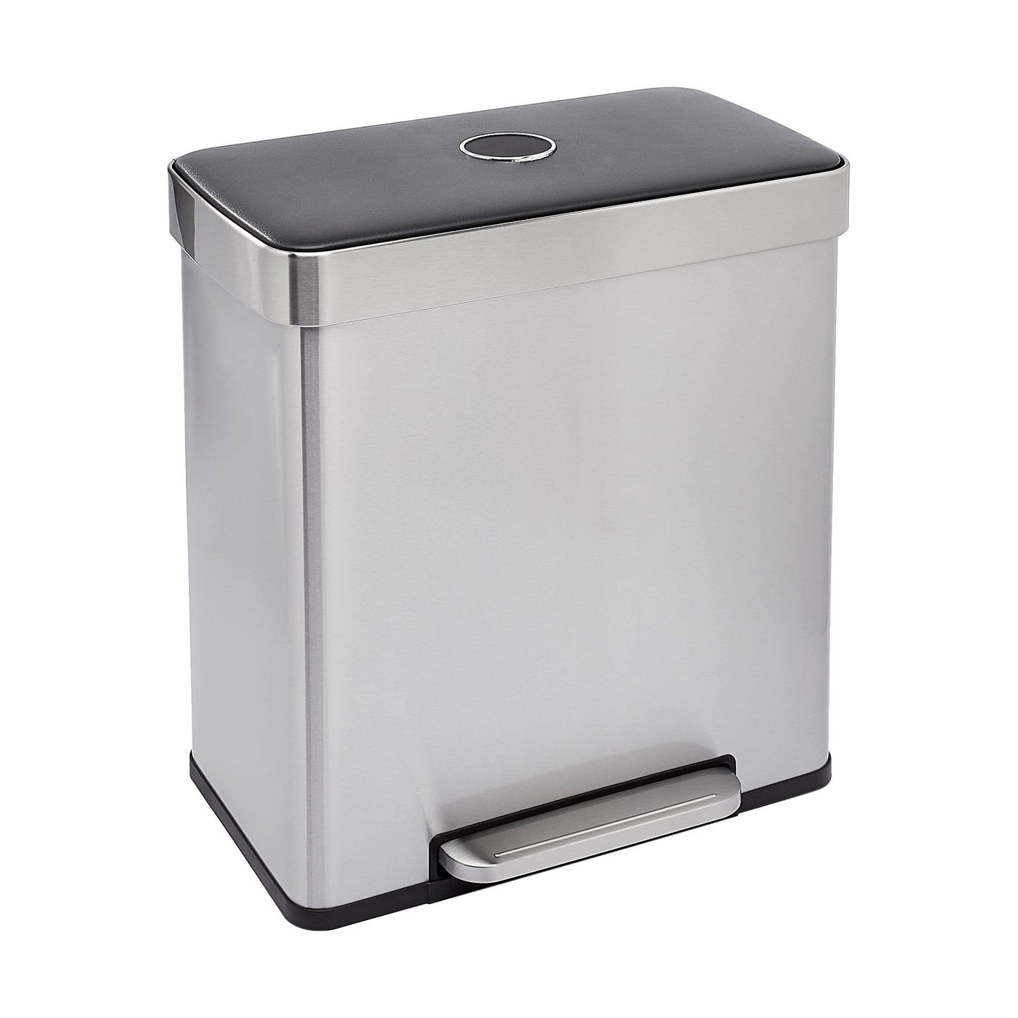 Amazon Basics Dual Compartment Recycling Trash Can with Soft-Close Lid, Fingerprint Resistant, Removable Liner Buckets, 60 Liters, Rectangular, Grey, Silver