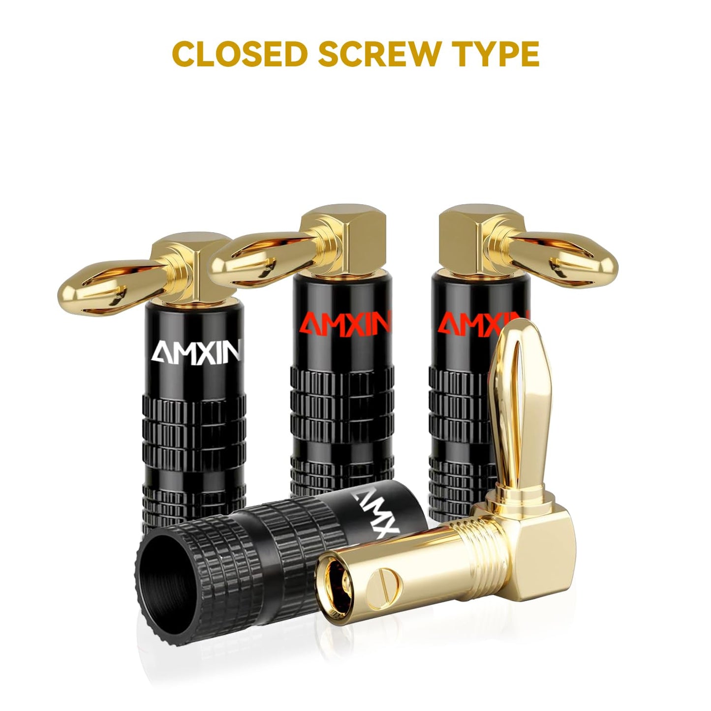 Amxinwang (8 16 24K Right Angle Banana Plugs Pairs, Pieces), Closed Screw Gold Plated Speaker Connectors for Speaker