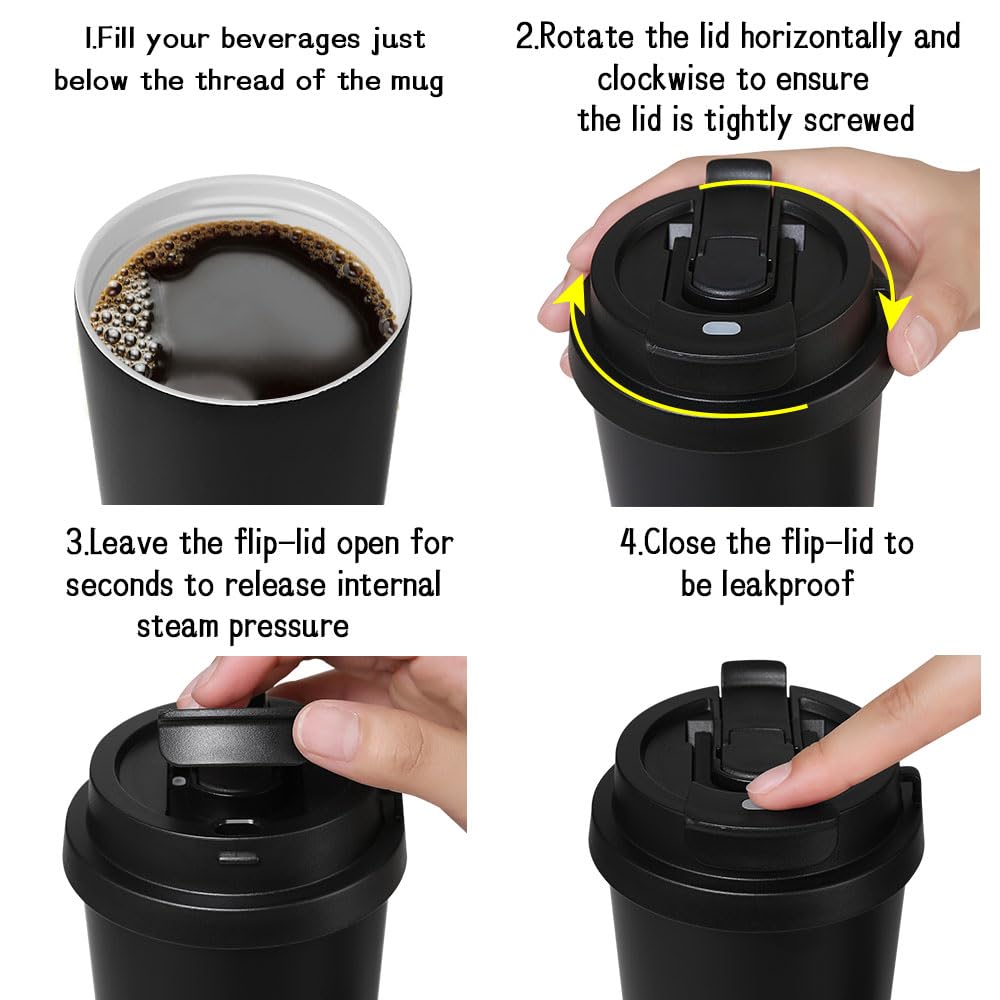 Funkrin Coffee Travel Mug with Flip Lid, 16oz Insulated Tumbler Cup with Ceramic Coating, Double Wall Vacuum Leak-Proof Tumbler for Office School Party Camping