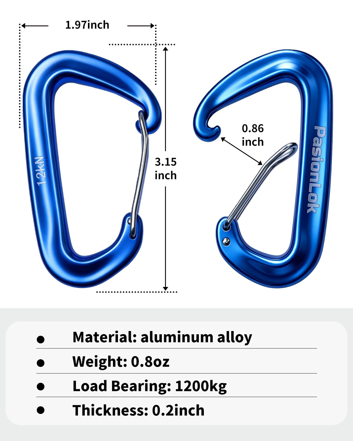 PasionLok Carabiner Clips Heavy Duty 12KN, 2 Pack Aluminum Carabiner Keychain, Small D Ring Hook for Hammock Camping Essentials, Backpack Key Ring Clip, Dog Leash, Multi Color