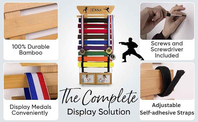 Karate Belt Display Rack - Bamboo 10 Taekwondo Belt Display with Customization Stickers, 2 Picture Frames, Self-Adhesive Adjustable Strips & Hanging Kit Taekwondo Gifts
