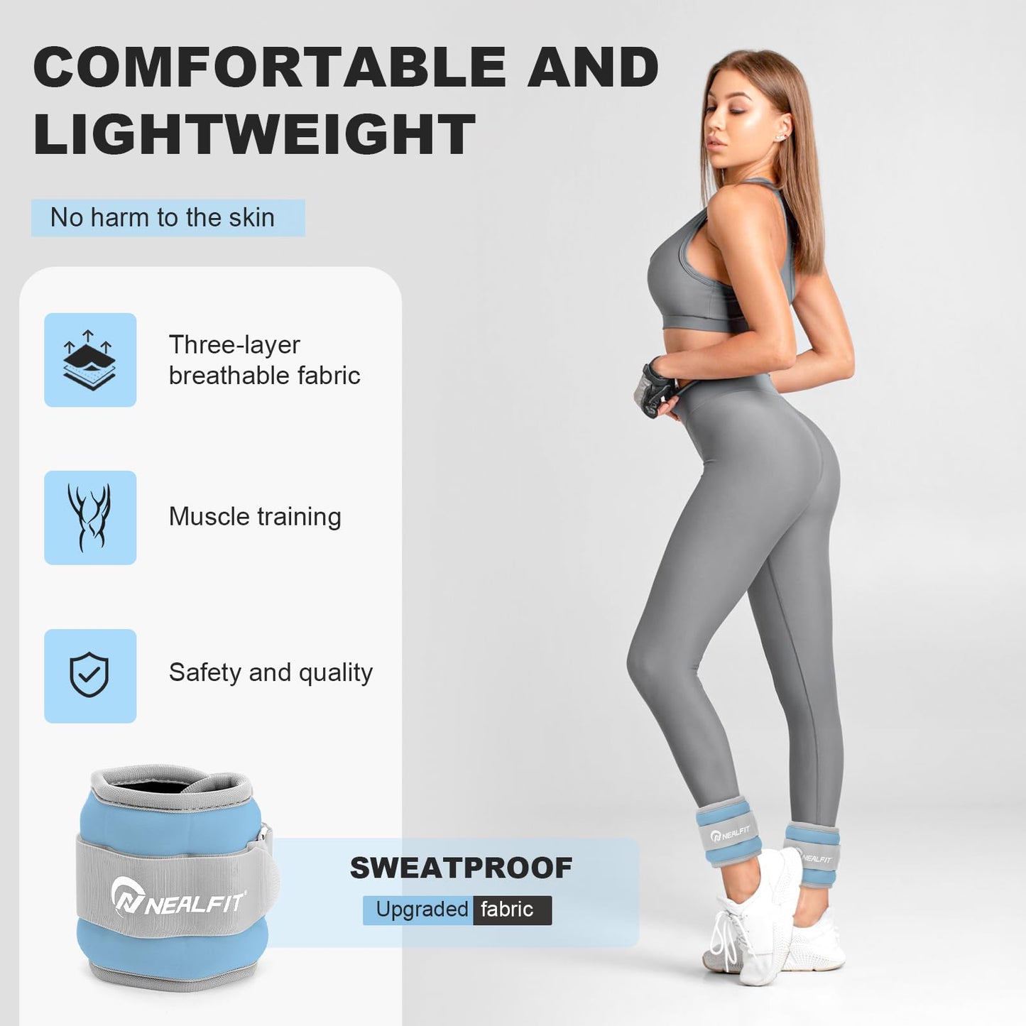NEALFIT Ankle Wrist Weights, Adjustable Arm Leg Weights for Women Men, Secure Fit Non-Slip Exercise Weights for Home Workout, Running, Walking, Aerobics, Physical Therapy (Haze Blue, 2Lbs Pair (1lb x 2))