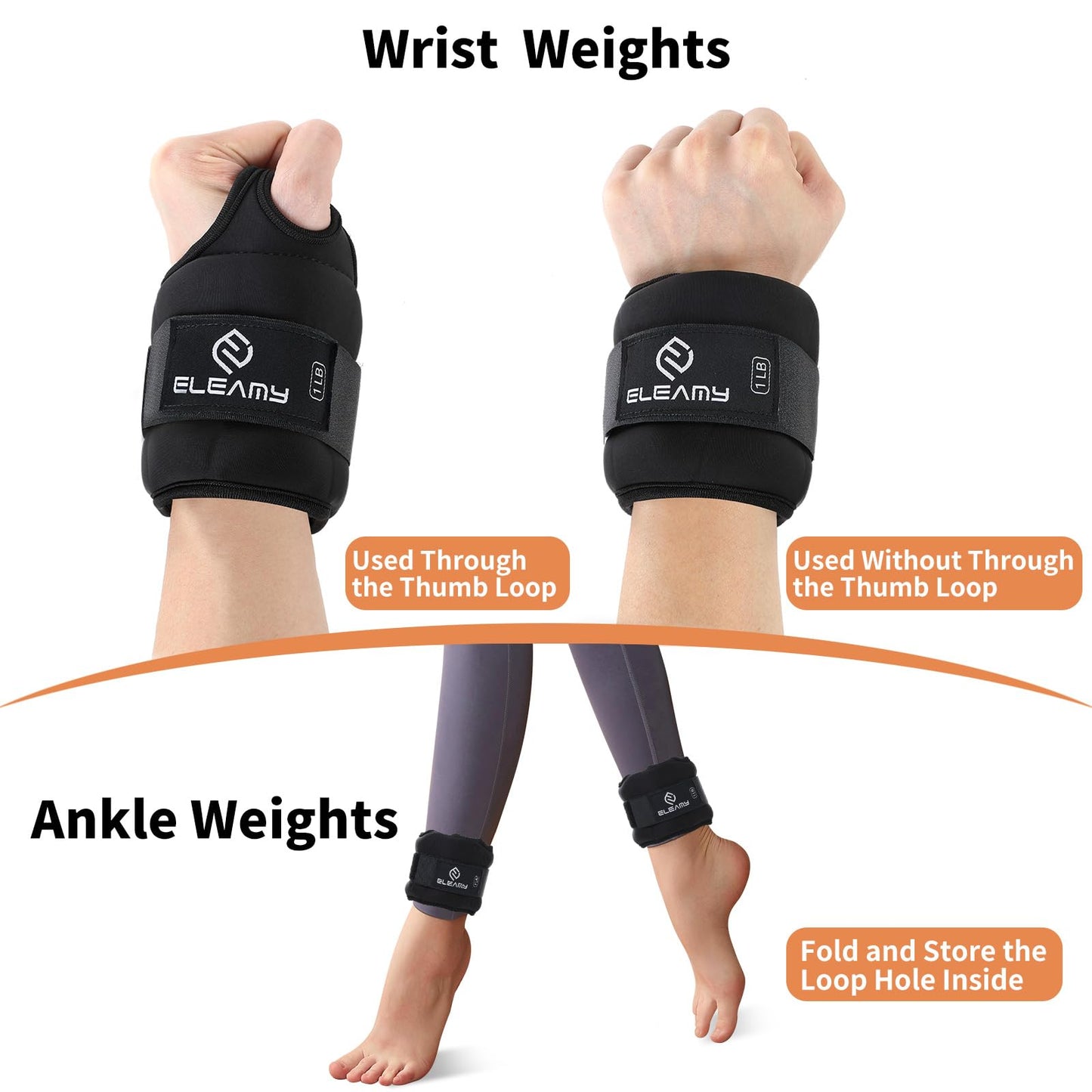 ELEAMY Wrist Weights with Thumb Loops Lock for Women & Men, 0.5lb*2/1lb*2/1.5lb*2/2lb*2/3lb*2,Premium Ice Silk Fabric,Comfortable & Tear Resistant for Walking,Running,Fitness and More（0.5lb*2 Black）