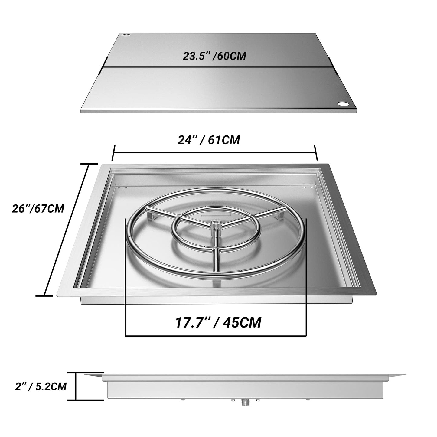 Skyflame 24" x 24" Square Stainless Steel Drop-in Fire Pit Kit with Fire Pit Burner Pan, Fire Burner Ring and Protective Lid, Suitable for Indoor or Outdoor DIY Firepit
