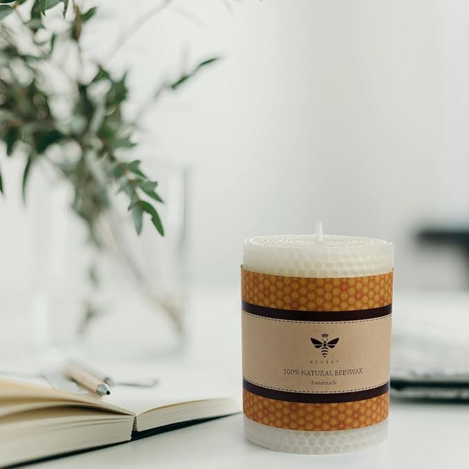 White Beeswax Pillar Candle - Handmade Pure Beeswax Rolled Candle for Gift & Home Decor (3×4 in)