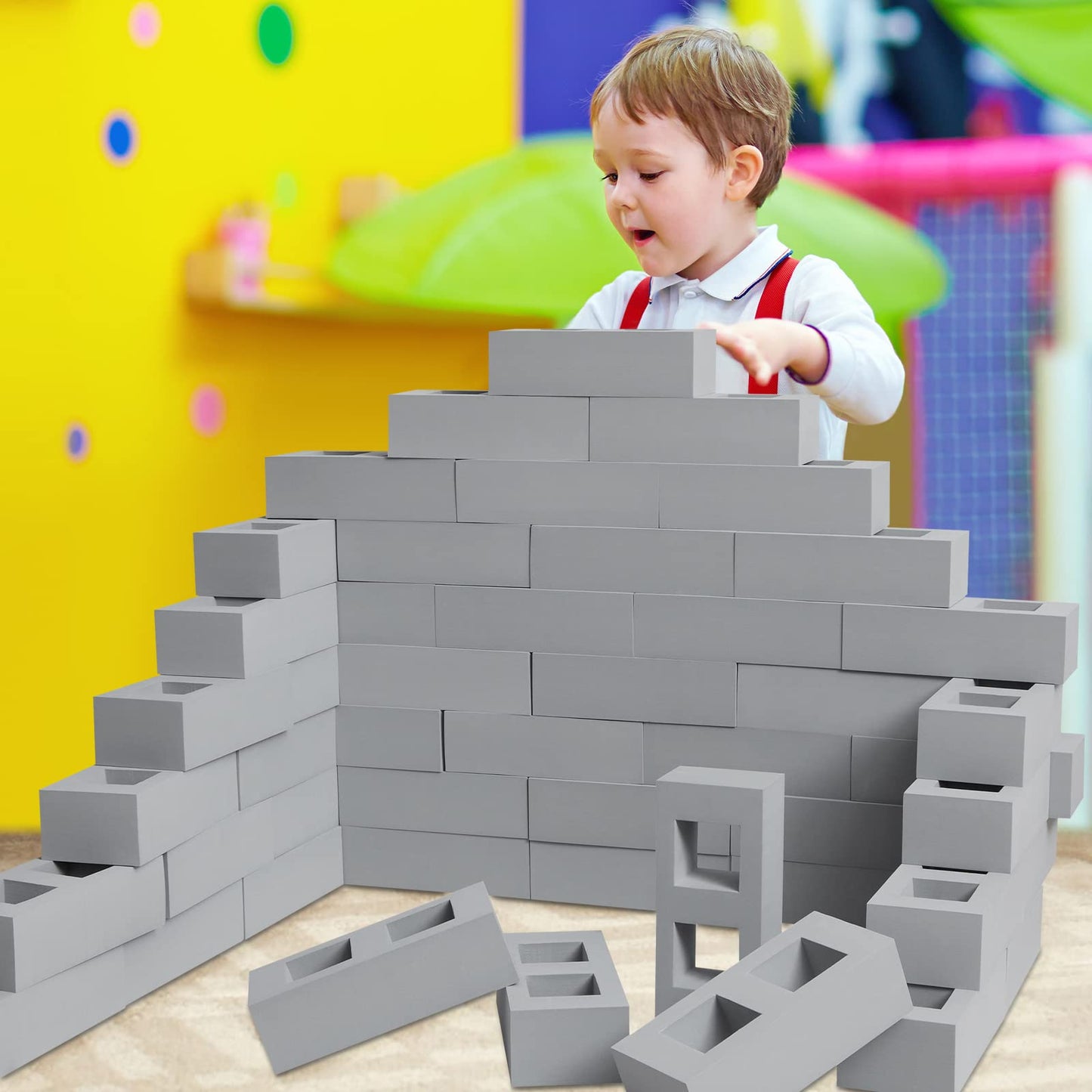 Deekin Foam Brick Building Blocks for Kids Thick Blocks Foam Large Fake Brick Construction Toy for Stacking Construction Gifts, 8 x 4 x 2.4 in(30 Pcs,Square Holes)