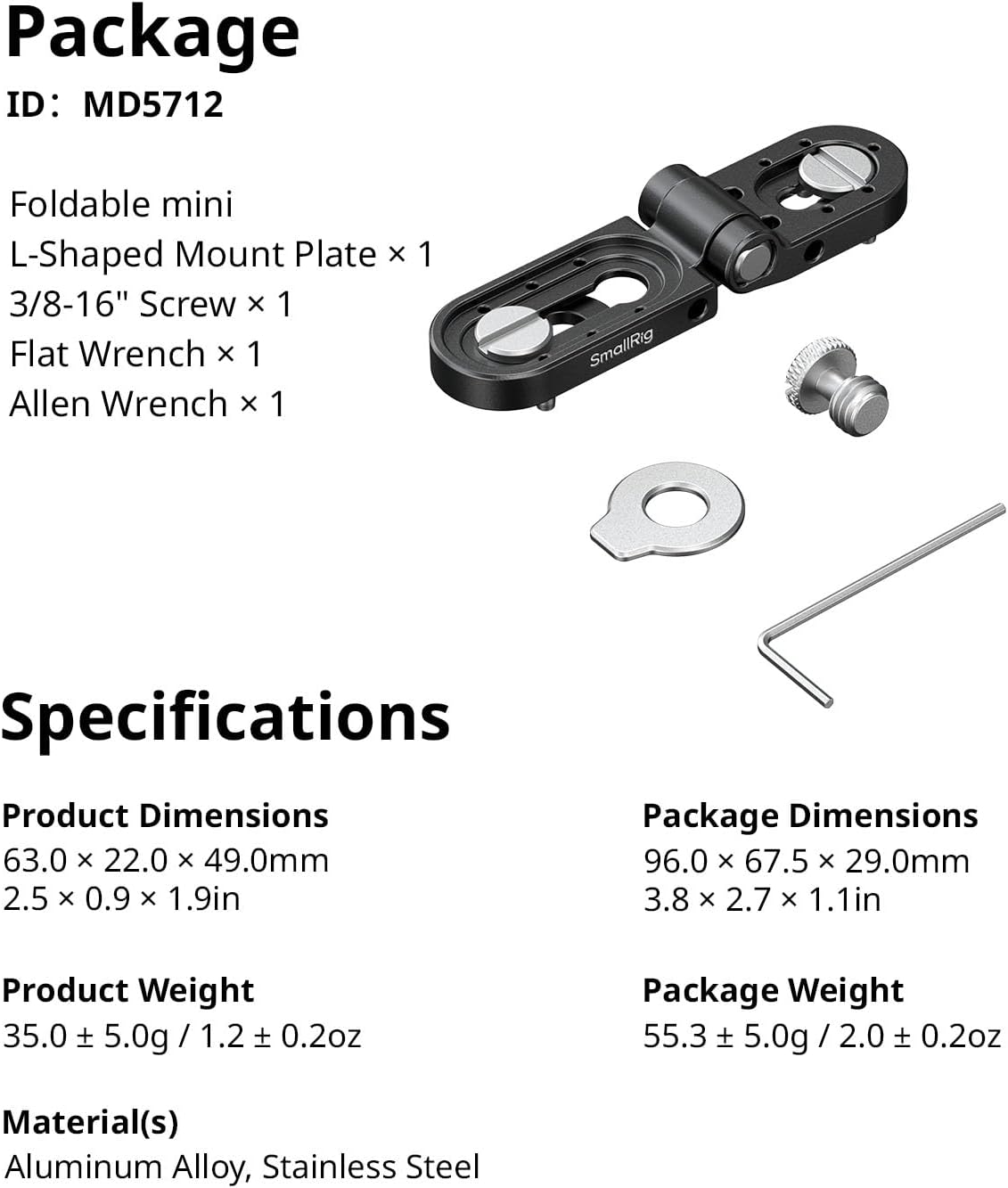 SMALLRIG 1/4''-20 1.2 (2.6 lbs), MD5712 Foldable Mini L-Shaped Mount Plate, Mounting Bracket Adapter with Screw