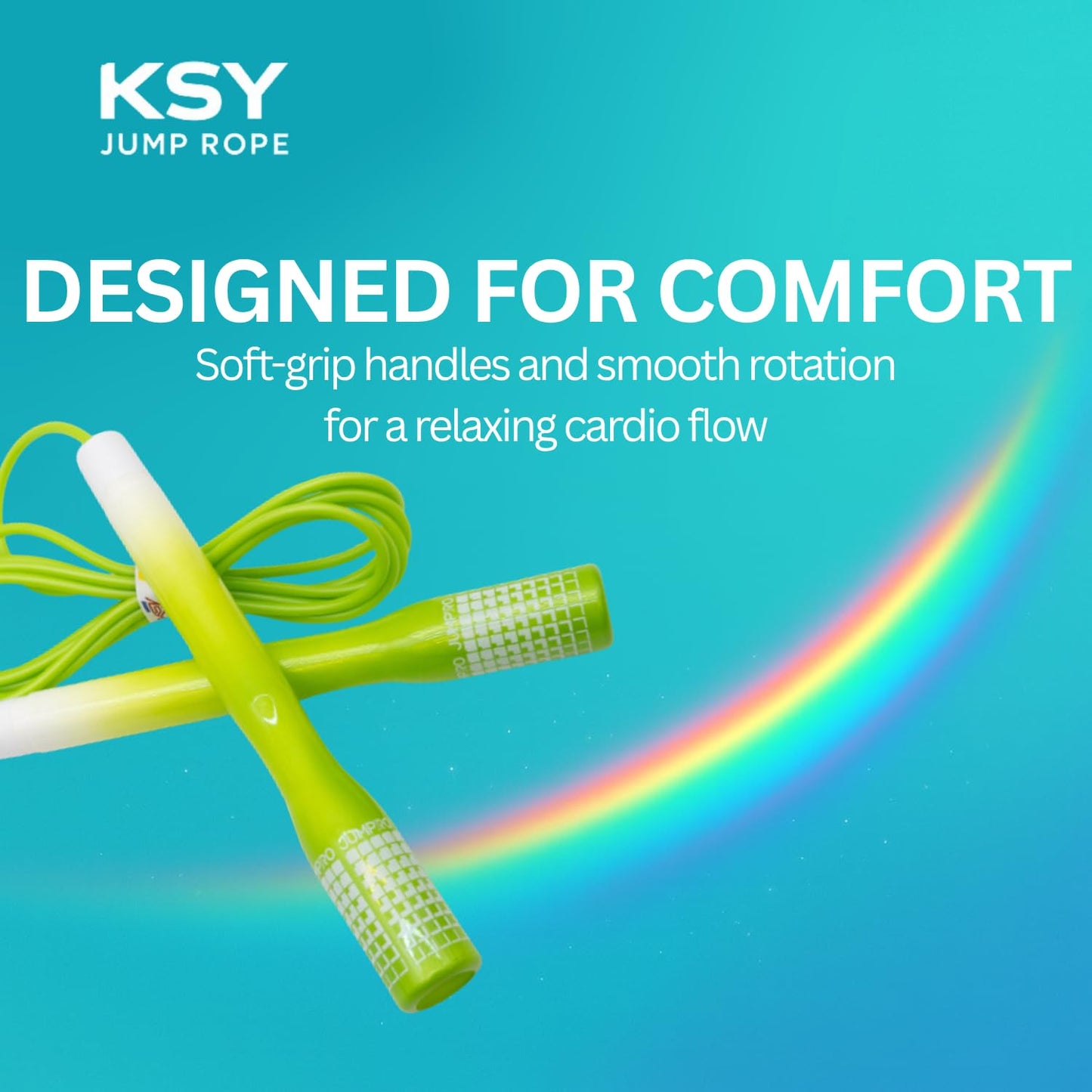 KSY Rainbow Jump Rope (J-710, Green) – Adjustable Cardio Rope for Women’s Fitness & Home Workouts | Soft-Grip Handles, Smooth PVC Cable, Lightweight Design | Made in Korea