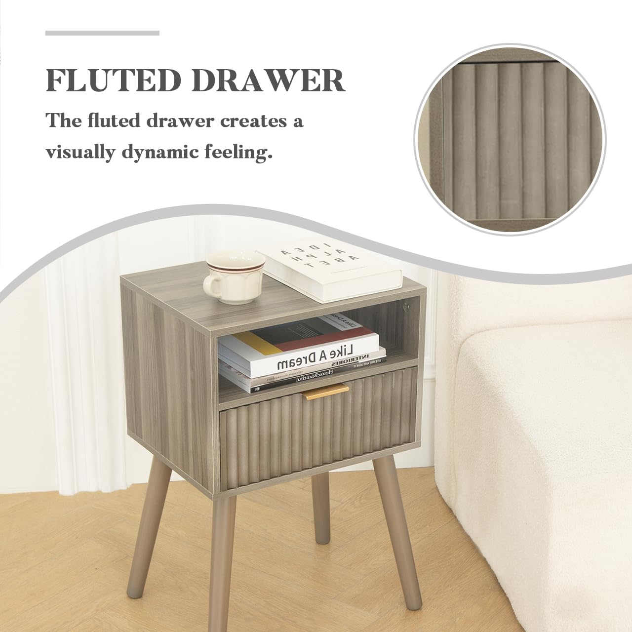 Fultyle Grey Nightstand, Modern Night Stand Wood, Fluted Bedside Table with Solid Wood Legs for Bedroom, Dorm and Small Space (Grey)