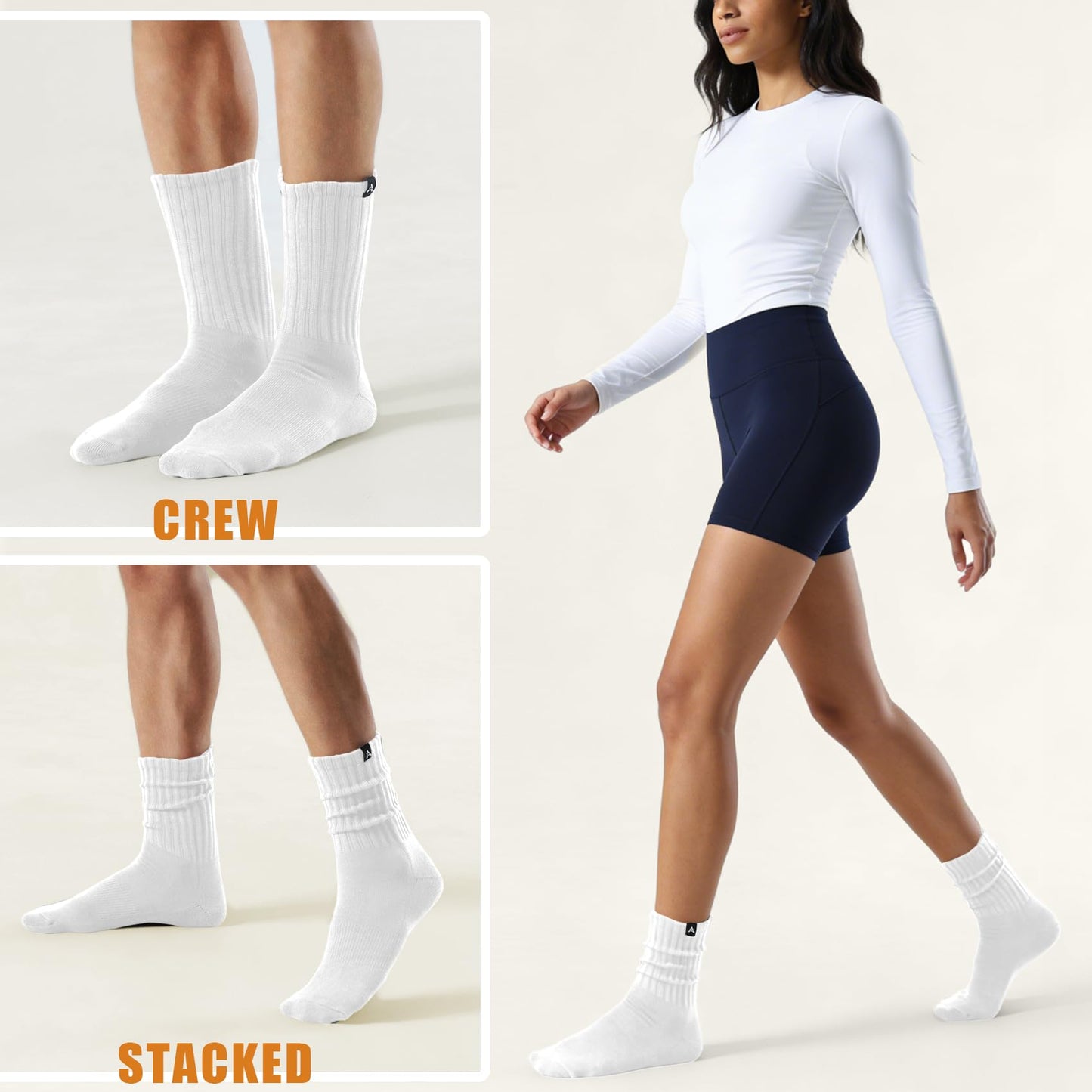 AugRing Scrunch Slouch Crew Socks Retro Ribbed Cotton Cushioned 3 Pack Boot Sneaker Gym Cozy Calf Socks For Men & Women (US, Numeric, 5, 10, Regular, Regular, 3 Pack White)