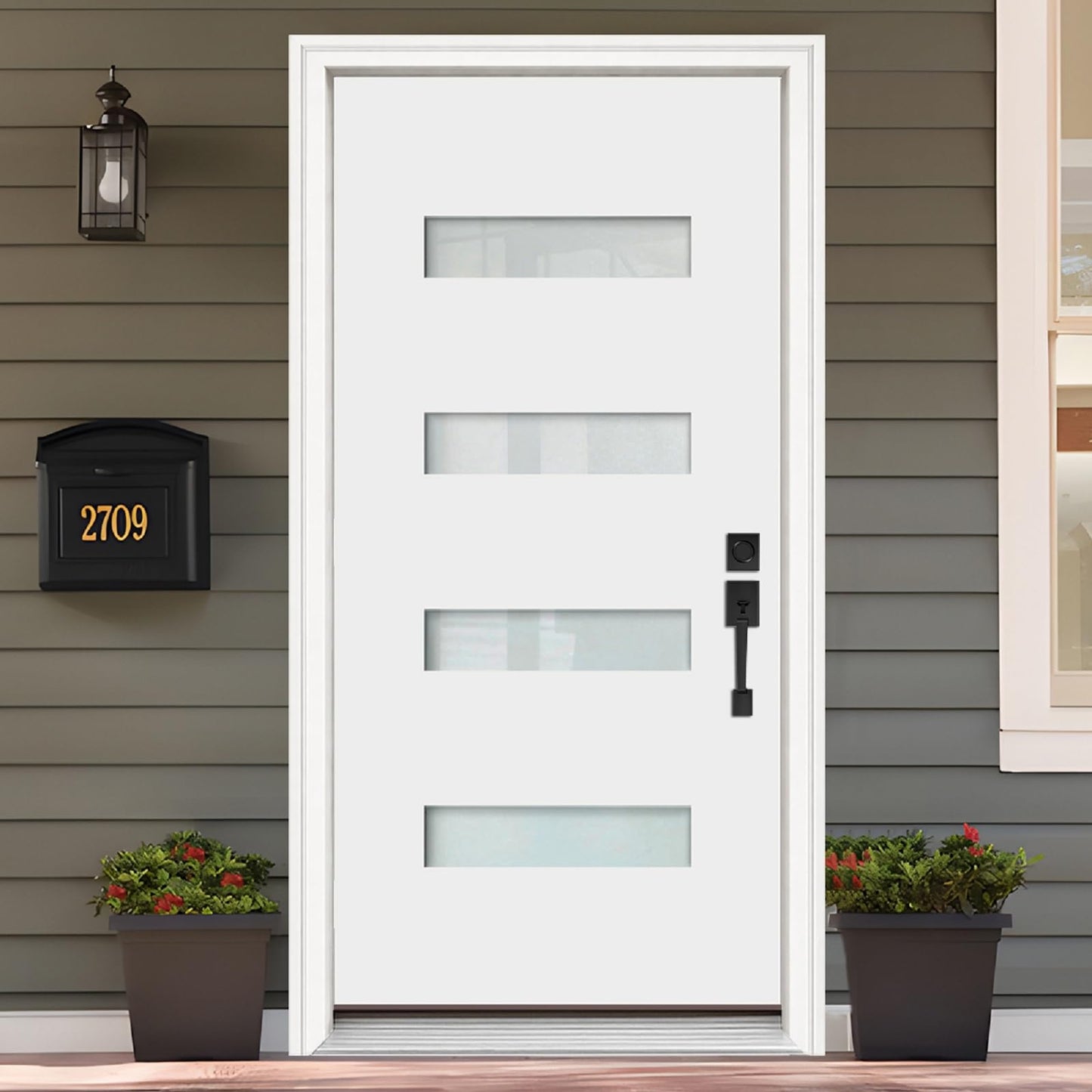 Fiberglass Exterior Front Door 36x80in, Left-Hand Inswing 4-Lite Frosted Glass White Primed Knock-Down French Entry Door with Vinyl Frame and Brickmould