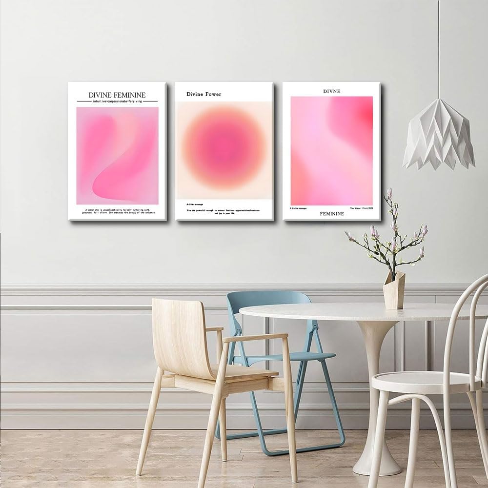 Skiennix Canvas Wall Art Set of 3 - Pink Gradient Aura Angel Posters | Framed 12x16 Inch Decor for Bedroom & Living Room