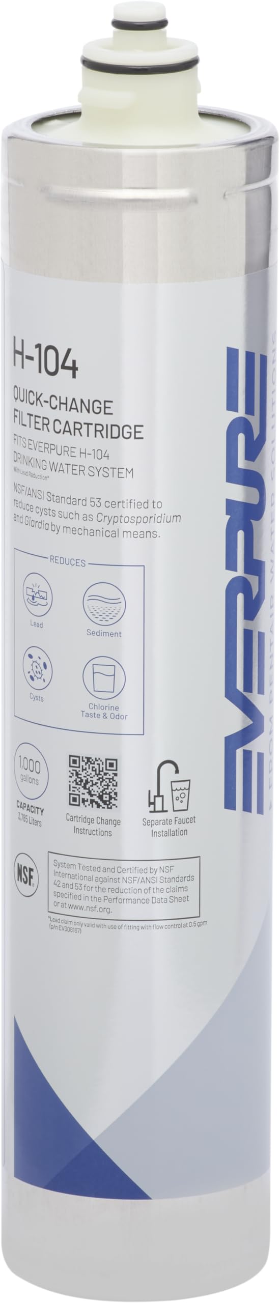 Pentair Everpure H-104 Quick-Change Filter Cartridge, EV961211, For Use in Everpure H-104 Drinking Water System, 1,000 Gallon Capacity, 0.5 Micron