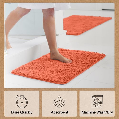 GORILLA GRIP Bath Rug Mat - Thick Soft Absorbent Chenille | Quick-Dry Microfiber 36x24 Coral