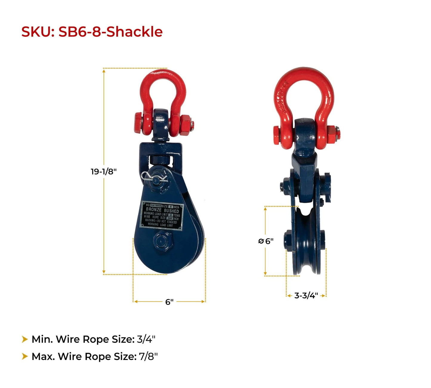 Mytee Products 8 Ton Snatch Block w/Shackle Crane 3/4 Wire Rope Sheave Tow Axle Lift Truck