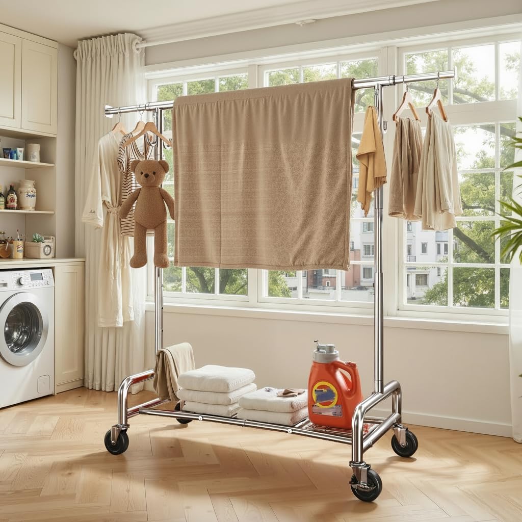 Raybee Heavy Duty Clothes Rack - 75" Extra Wide, 450 LBS Capacity, Lockable Wheels & 4 Hooks