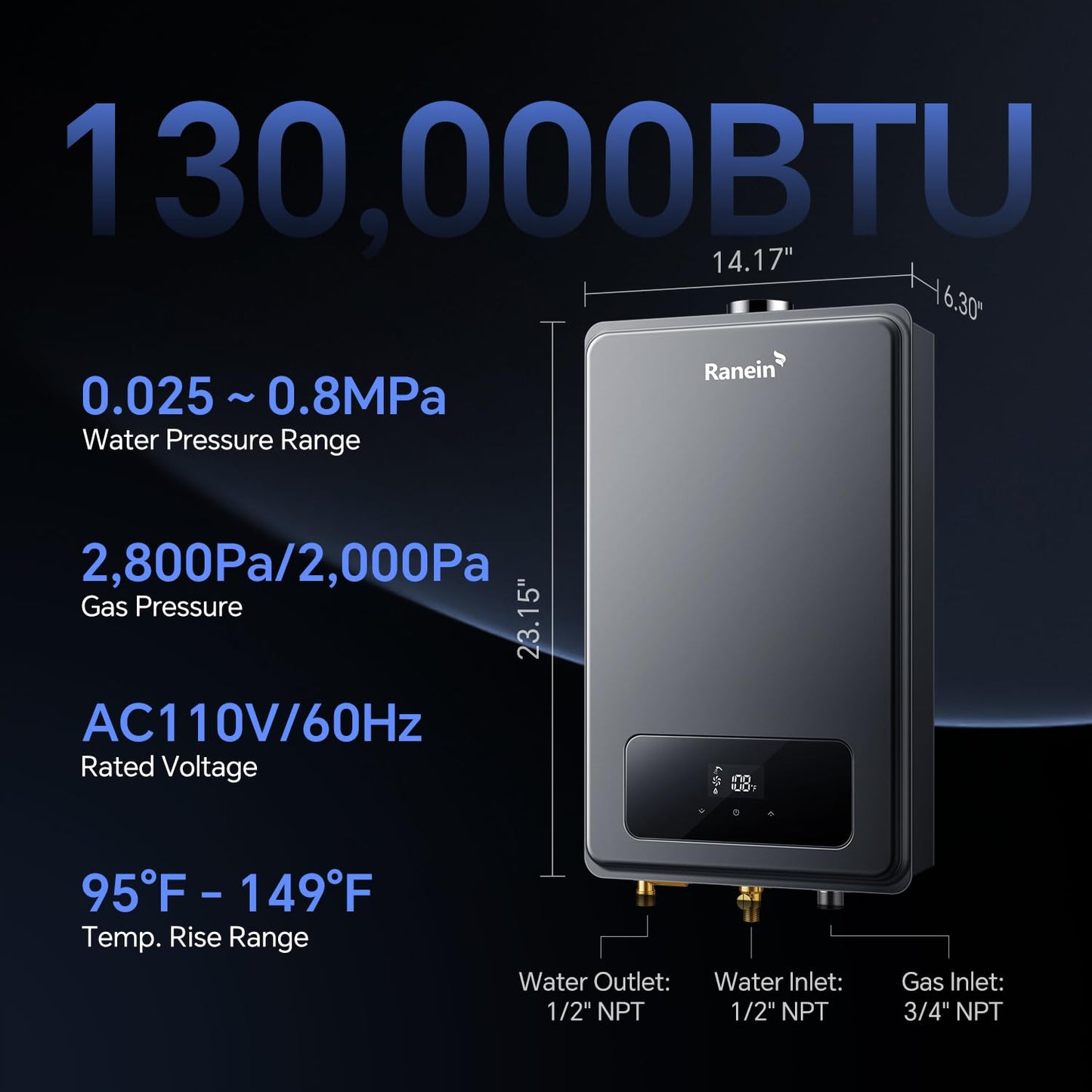 Ranein Natural Gas Tankless Water Heater, Indoor Max 5.3 GPM, 130,000 BTU Instant Hot Water Heater