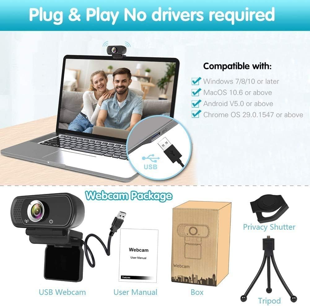 ZIQIAN 1080p 110 2,Video Webcam HD ,Live Streaming HD Camera with Stereo Microphone, PC Desktop or Laptop USB Webcam