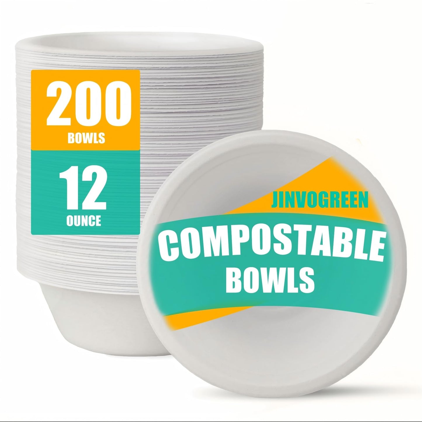 JINVOGREEN 200 Count 12 oz Paper Bowls, Disposable Compostable Bowls Bulk, Heavy Duty Biodegradable Bagasse Bowl for Snacks, Soup, and Salads, White