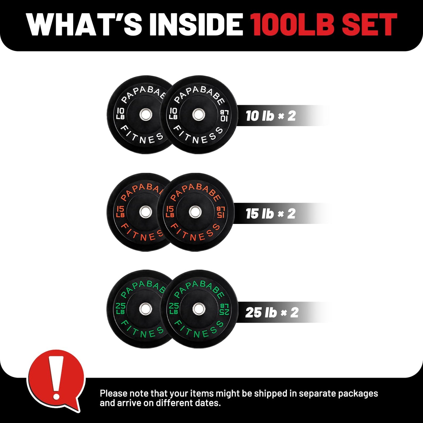 PAPABABE Strength Training Bumper Plates 100lb Set Olympic Weight Plates Rubber Bumper Plates with Steel Insert Home Gym Workout Weights Plates 2 Inch Barbell Weights For General Fitness