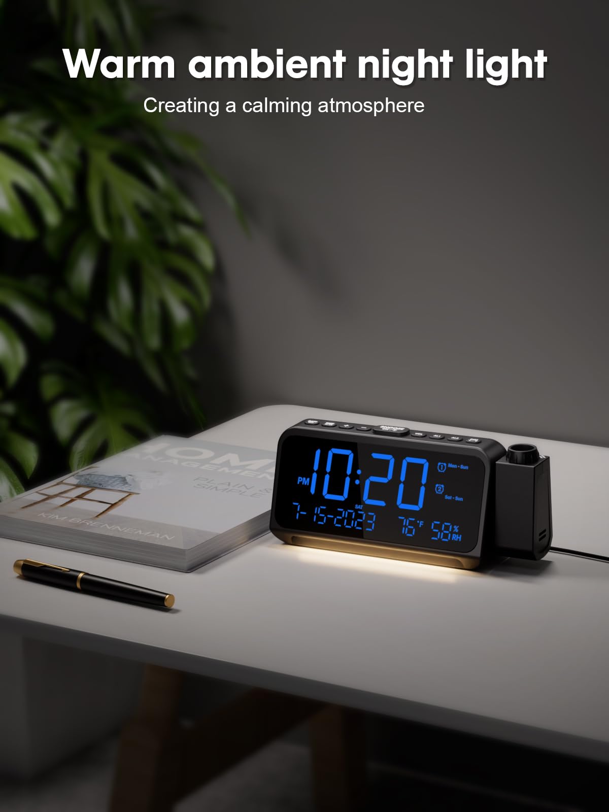 ROCAM Projection Alarm Clock for Bedroom Ceiling, Digital Clock with 180° Projector with 5-Level Dimmer, Dual Loud Alarm with Weekend/Weekday Mode, Date, Temp, Humidity, Night Light, DST, Snooze